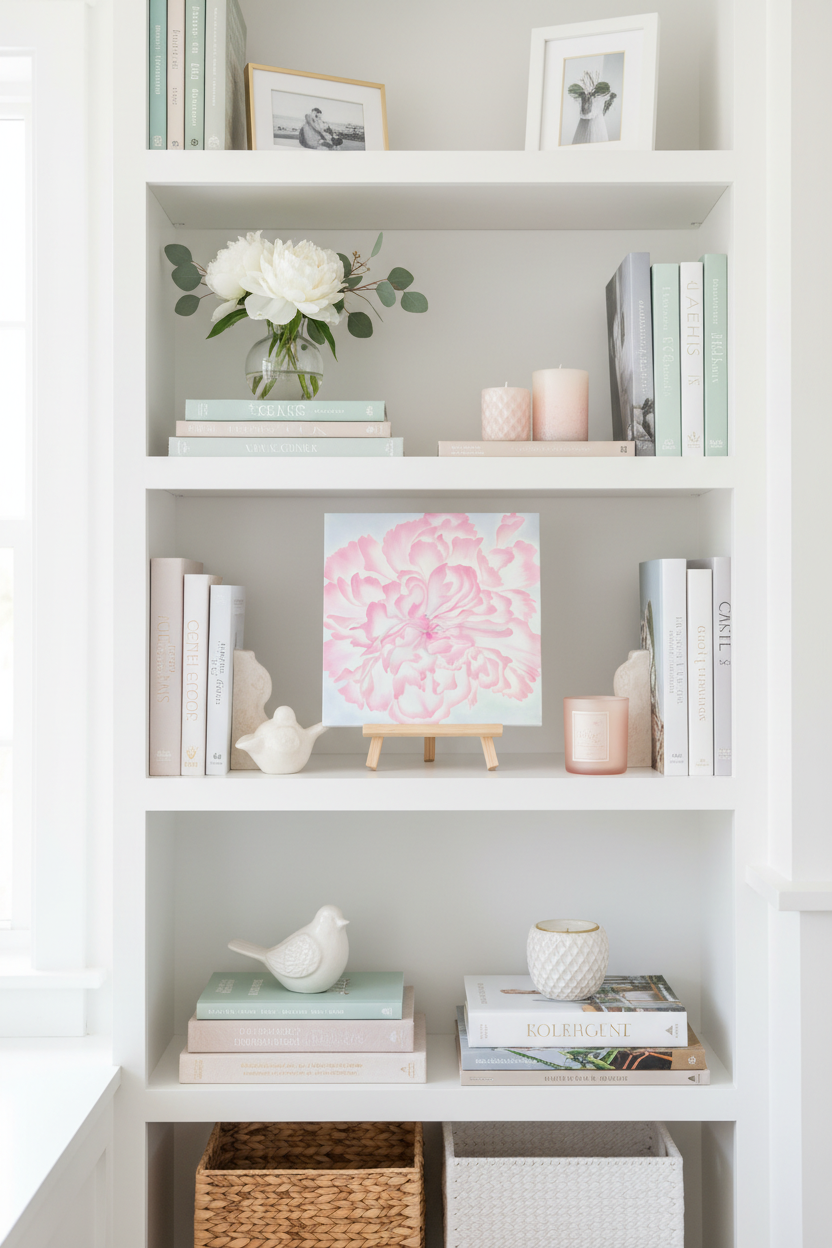 Bookshelf with decorative items including books, a pink floral print, and candles.